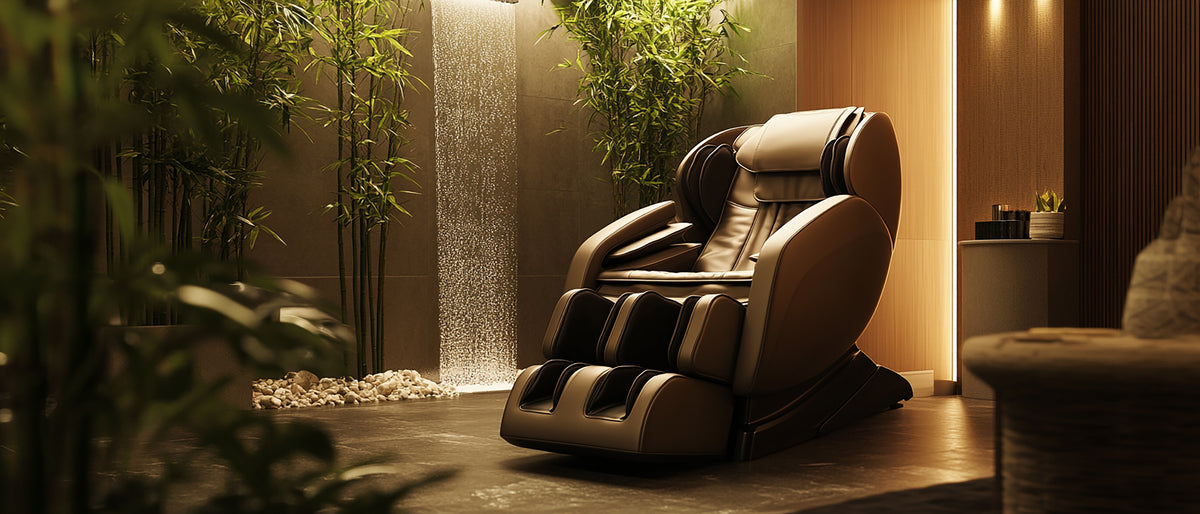 Premium massage chair in a serene wellness room with bamboo and waterfall