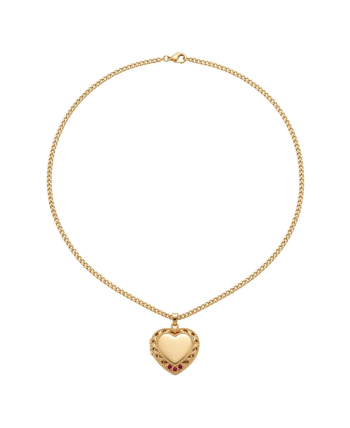 Gold-tone heart locket necklace with ornate detailing and red accents