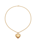 Gold-tone heart locket necklace with ornate detailing and red accents