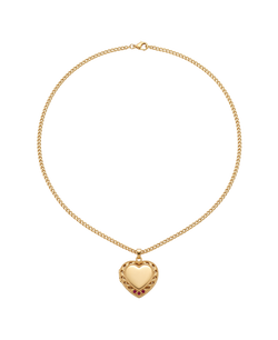 Gold-tone heart locket necklace with ornate detailing and red accents