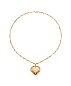 Gold-tone heart locket necklace with ornate detailing and red accents