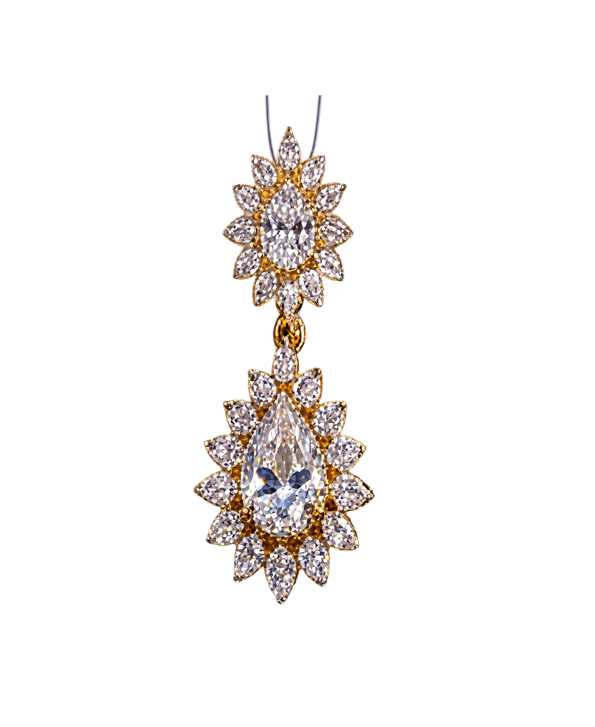 Two-tier teardrop pendant with brilliant stones and floral halos