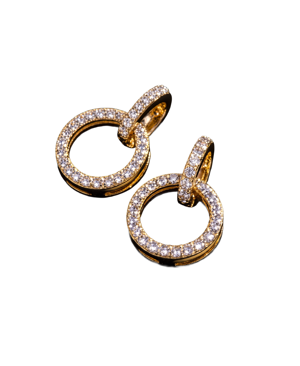 Gold-tone interlocking circular drop earrings lined with brilliant stones