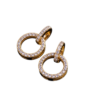 Gold-tone interlocking circular drop earrings lined with brilliant stones