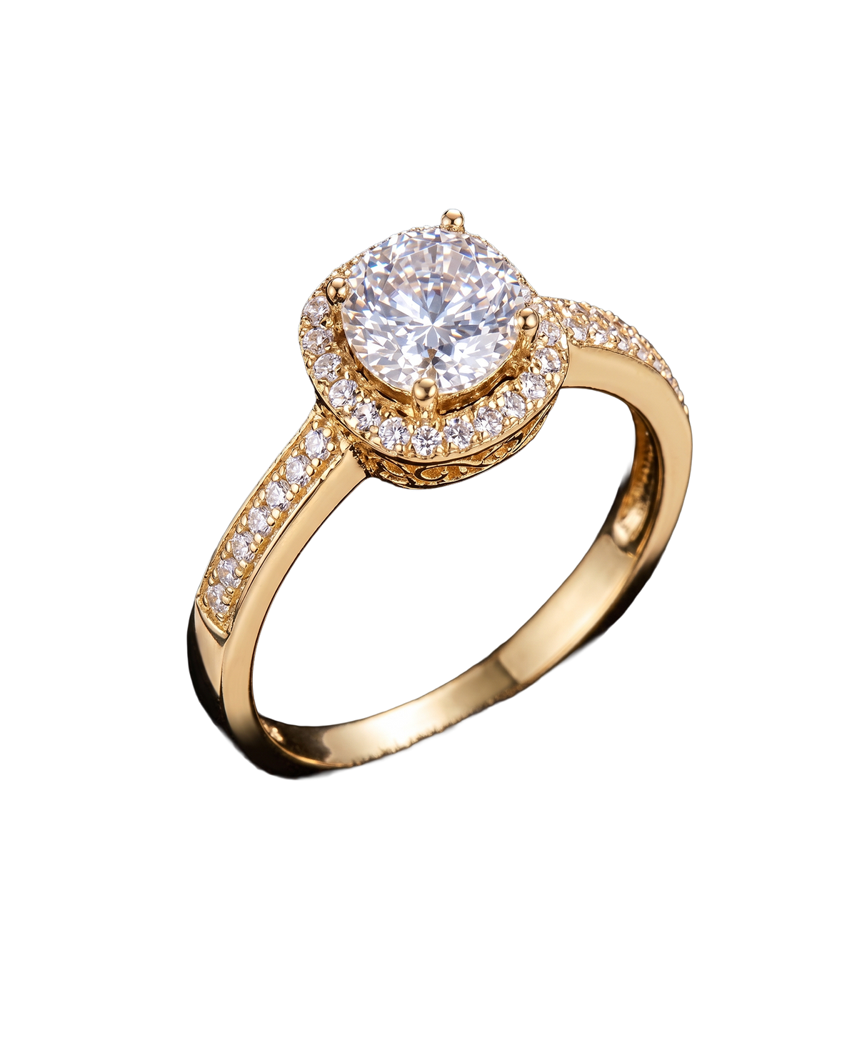 Gold-tone solitaire ring with a brilliant round center and sparkling halo