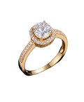 Gold-tone solitaire ring with a brilliant round center and sparkling halo