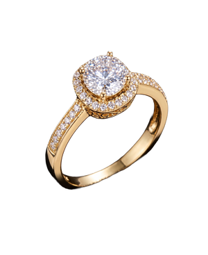 Gold-tone solitaire ring with a brilliant round center and sparkling halo