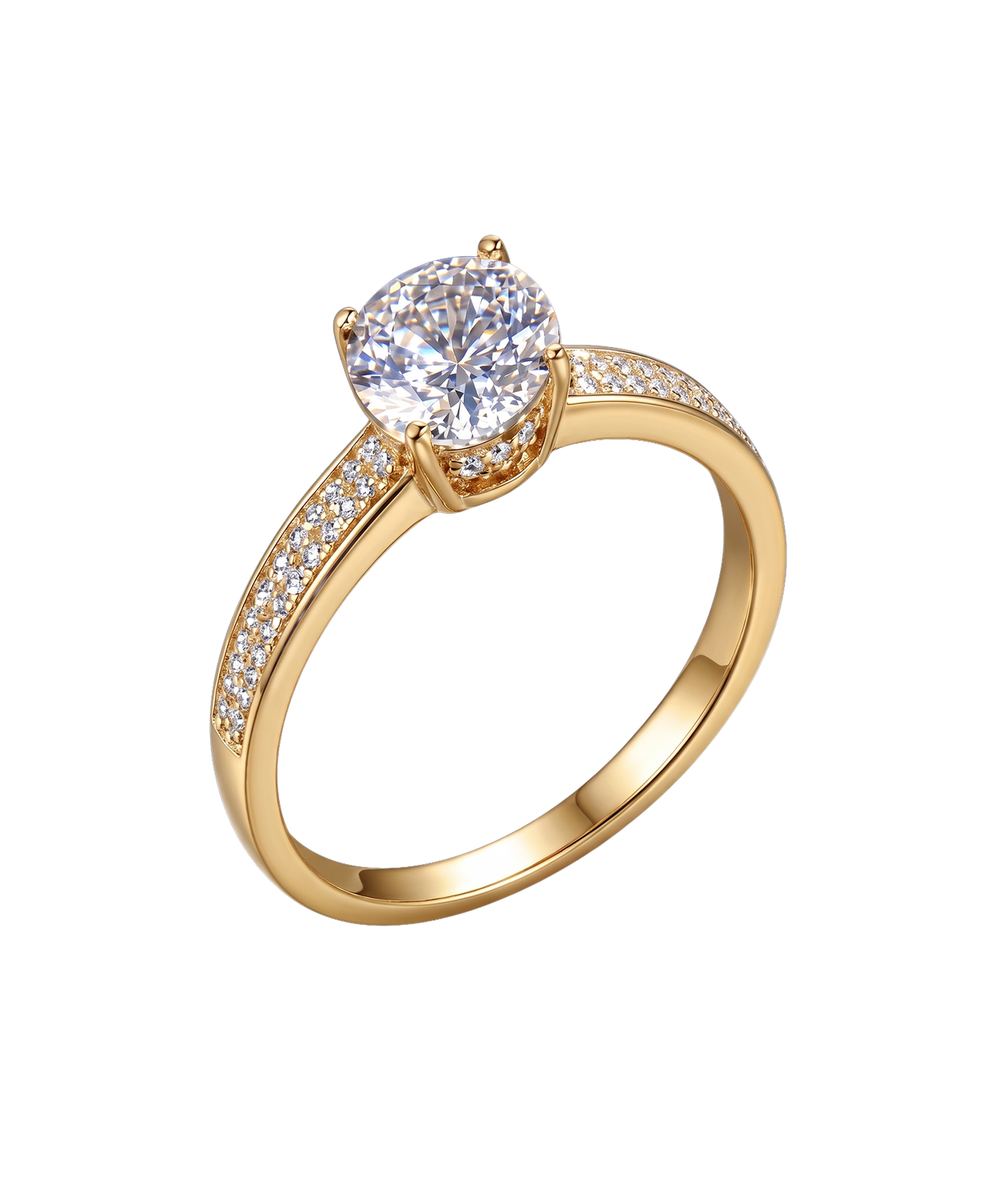 Gold-tone solitaire ring with a brilliant round center and stone-lined shoulders