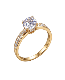 Gold-tone solitaire ring with a brilliant round center and stone-lined shoulders