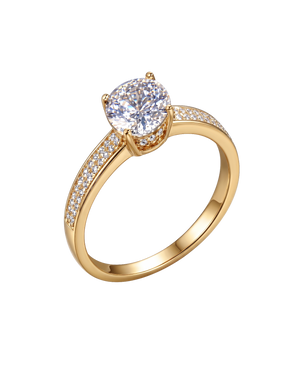 Gold-tone solitaire ring with a brilliant round center and stone-lined shoulders