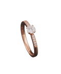 Rose-tone solitaire ring with round clear centerpiece and pavé shoulders