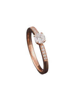Rose-tone solitaire ring with round clear centerpiece and pavé shoulders