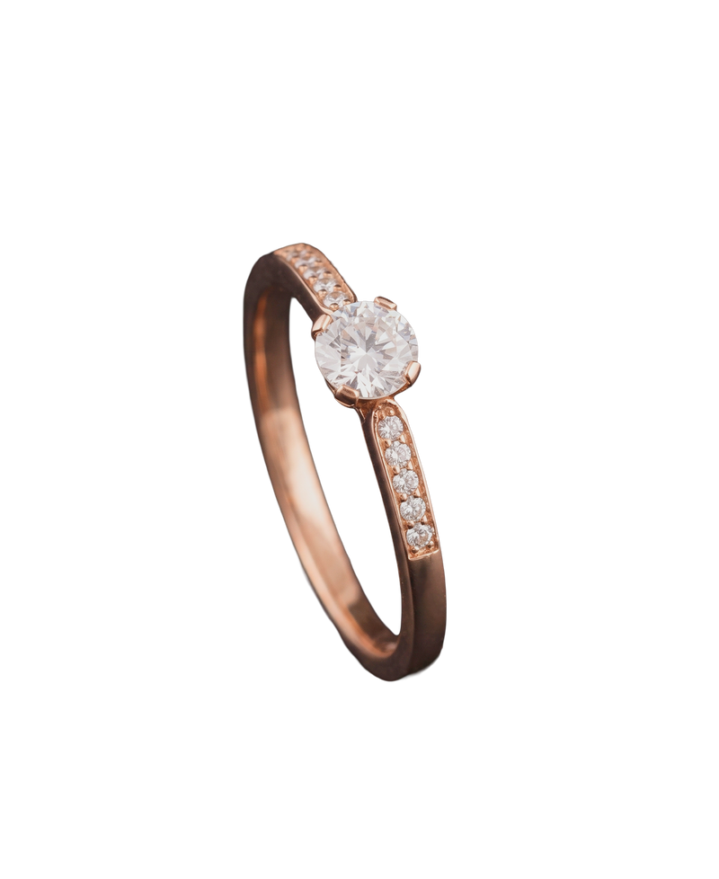 Rose-tone solitaire ring with round clear centerpiece and pavé shoulders