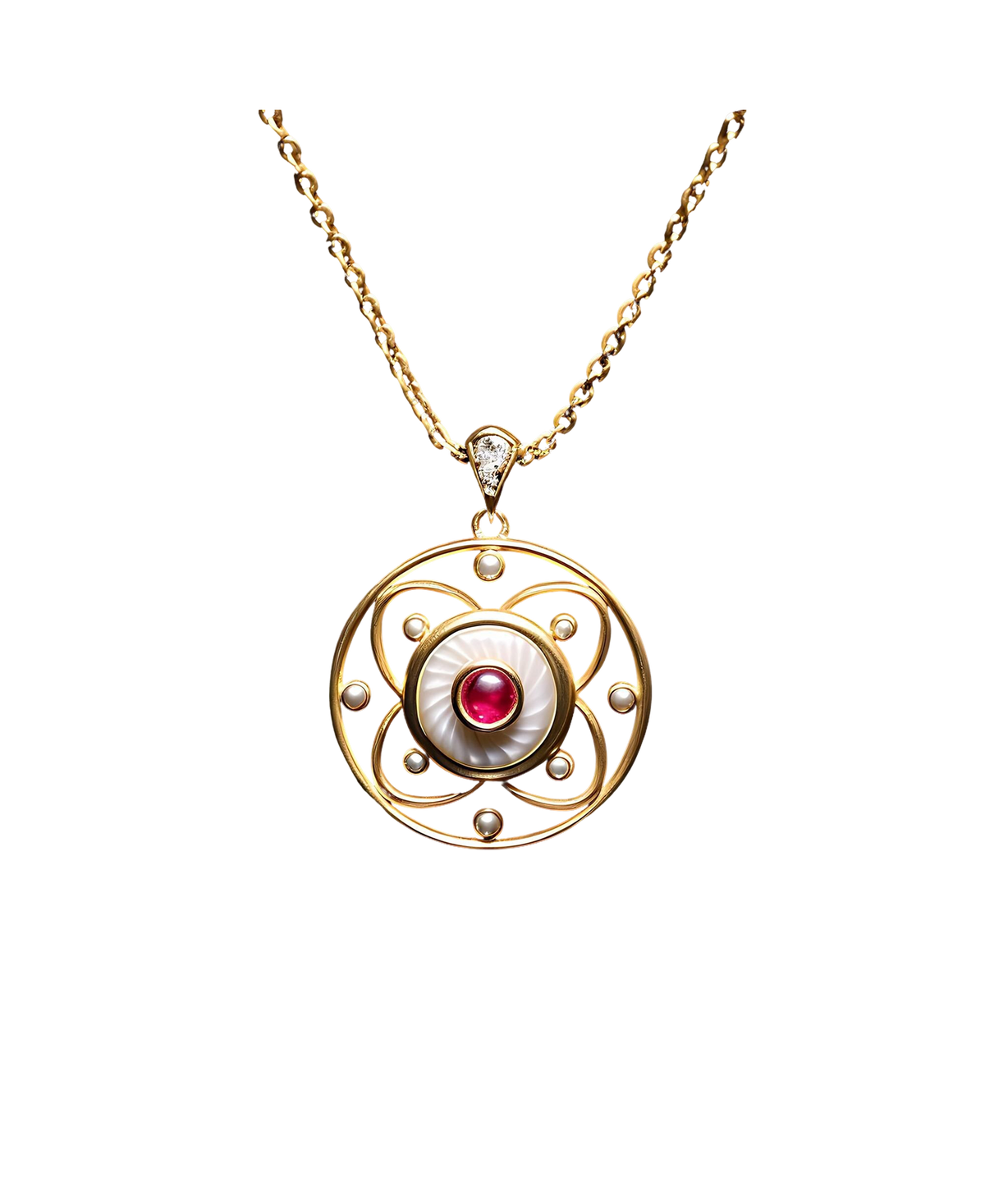 Gold-tone circular pendant with a ruby-colored center and pearl-style accents