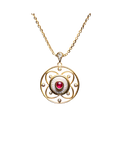 Gold-tone circular pendant with a ruby-colored center and pearl-style accents