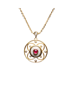 Gold-tone circular pendant with a ruby-colored center and pearl-style accents