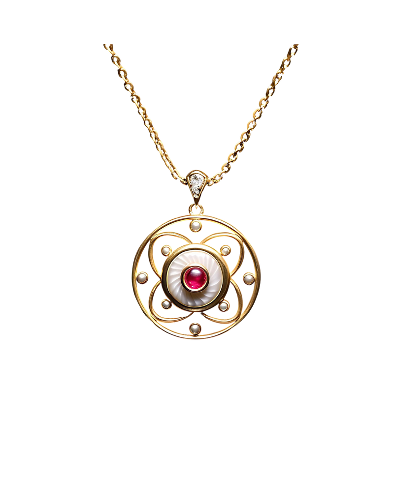 Gold-tone circular pendant with a ruby-colored center and pearl-style accents