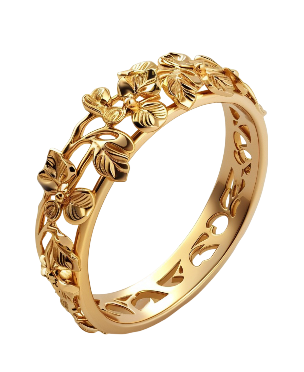 Sculptural gold-tone bangle with dimensional flowers and openwork leaves