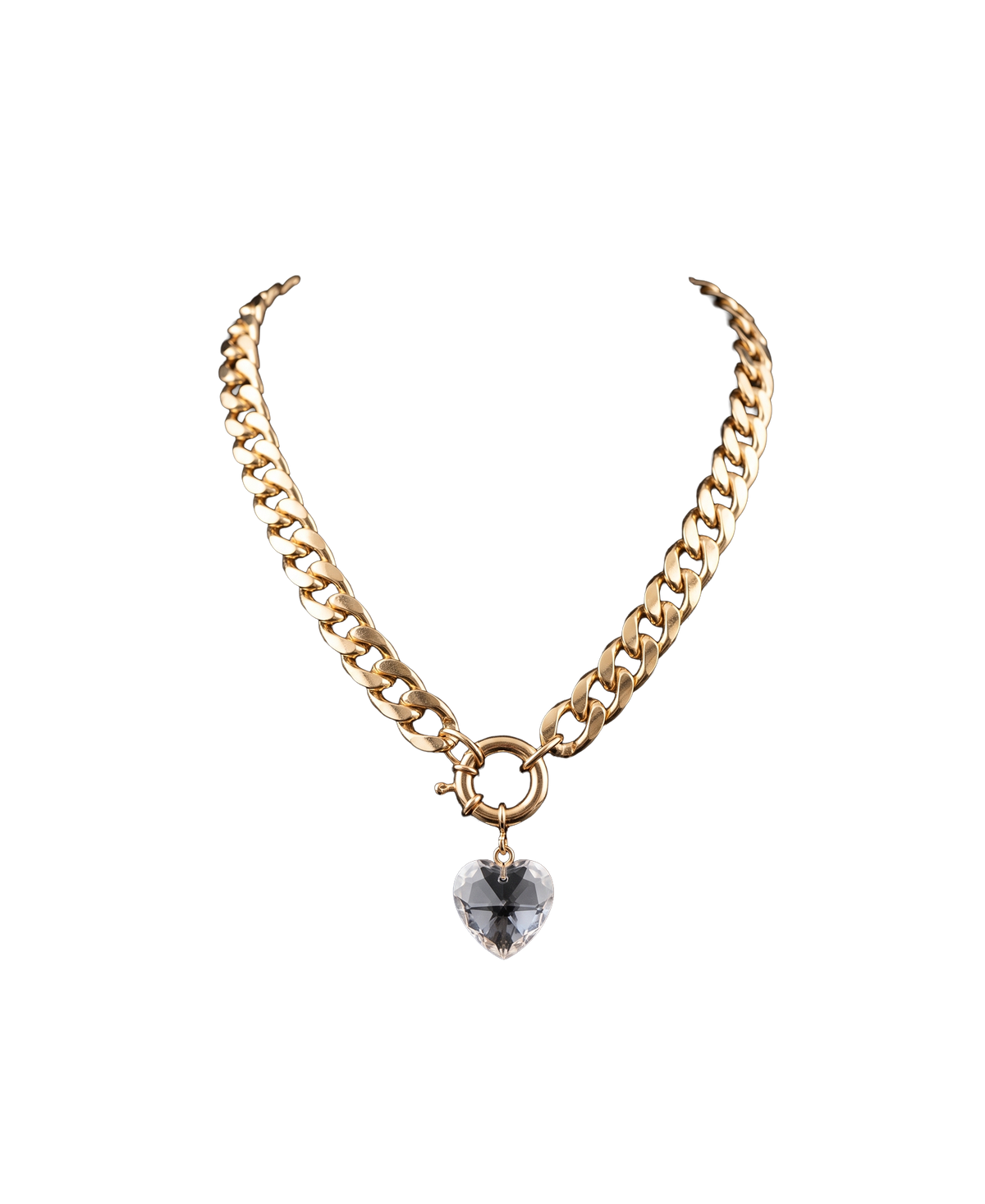 Gold-tone curb chain necklace with a brilliant heart-shaped crystal charm