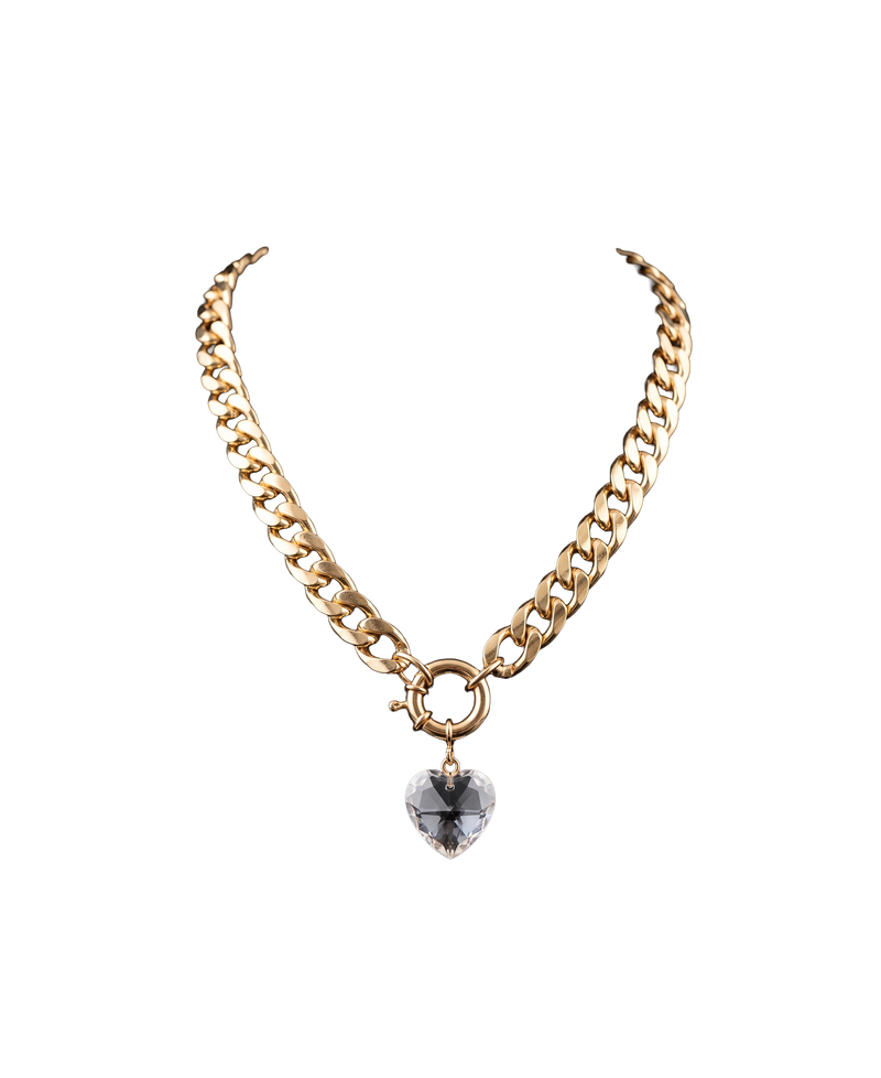 Gold-tone curb chain necklace with a brilliant heart-shaped crystal charm