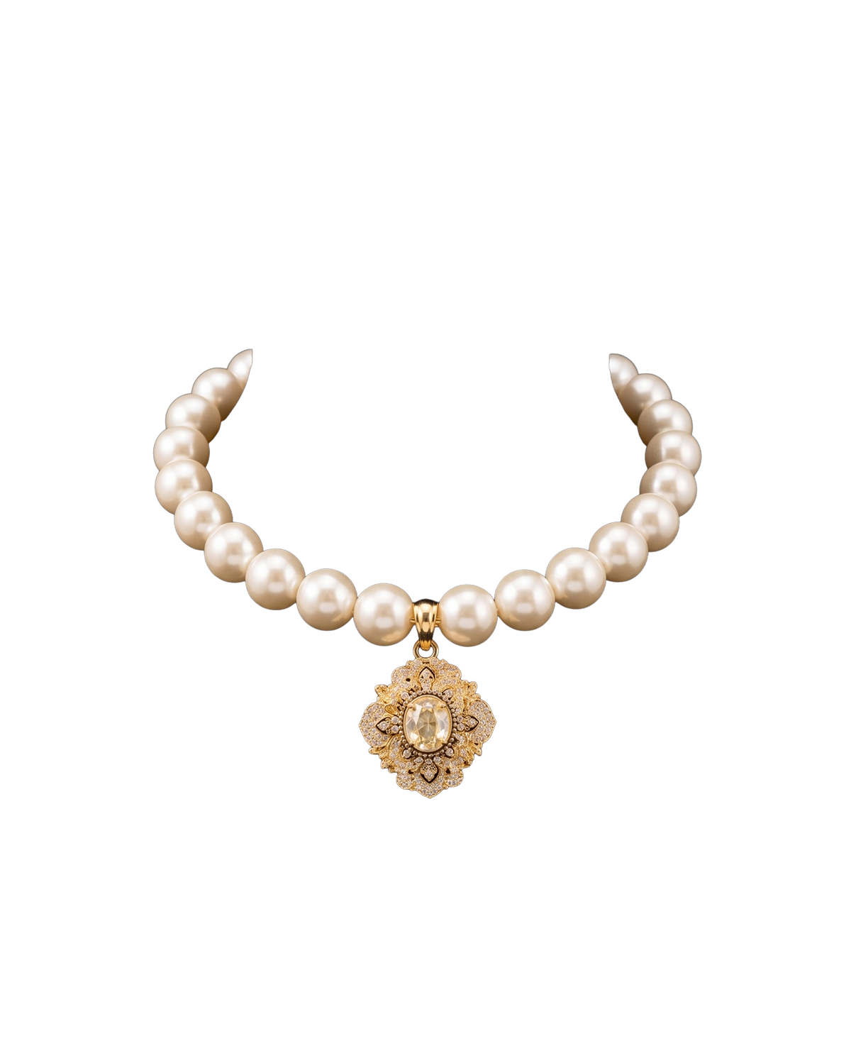 Pearl-style necklace with an ornate gold-tone medallion pendant