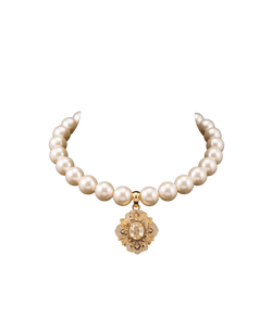 Pearl-style necklace with an ornate gold-tone medallion pendant