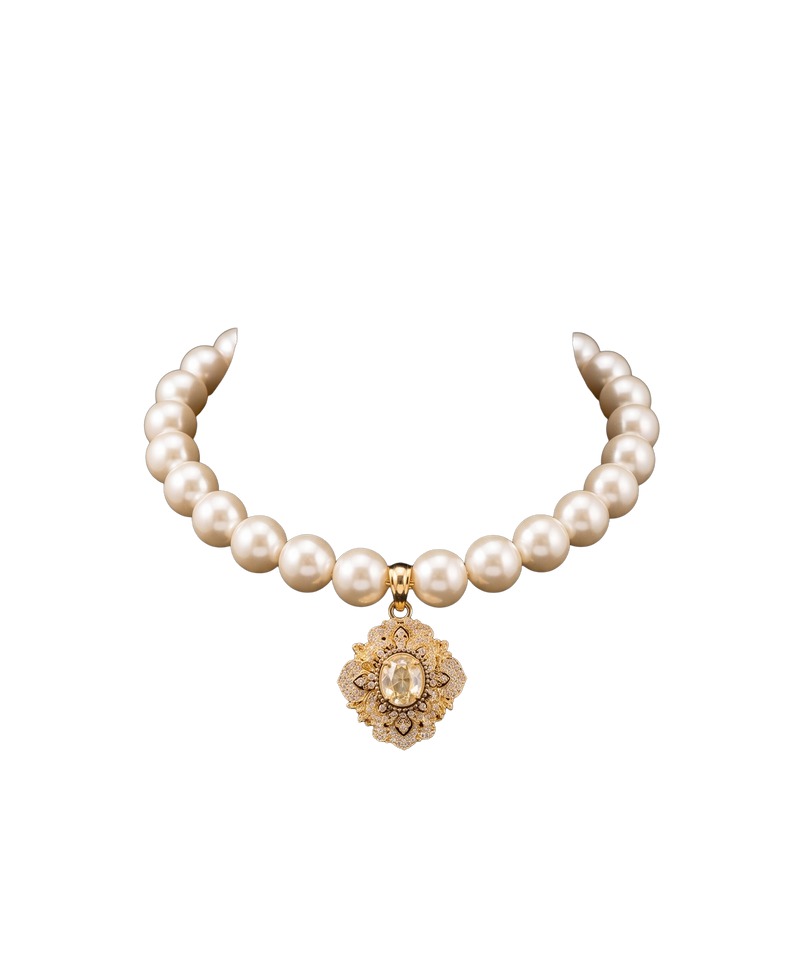 Pearl-style necklace with an ornate gold-tone medallion pendant