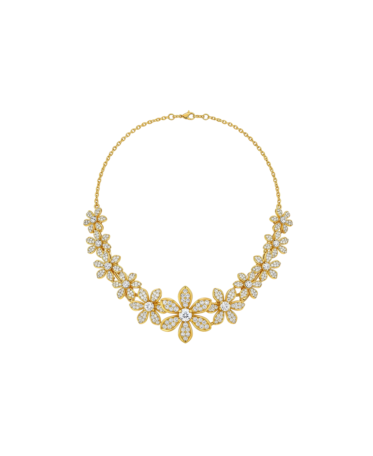 Ornate gold floral statement necklace with sparkling stones