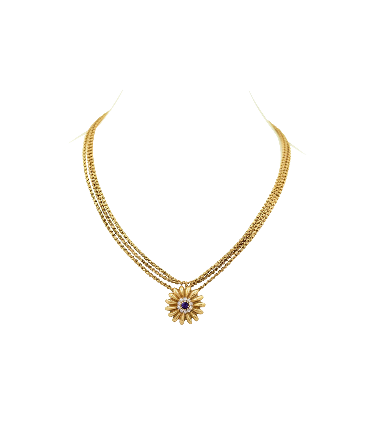 Gold-tone necklace with a floral pendant and contrasting center stone