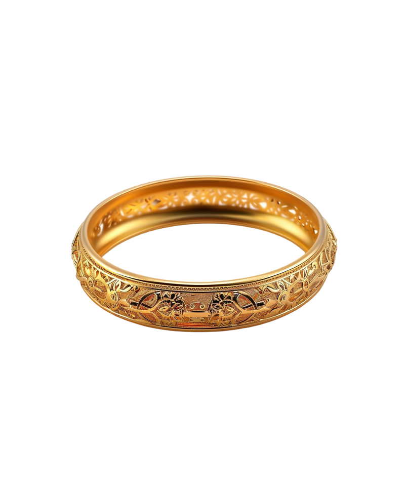 Wide gold-tone bangle with intricate engraved heritage motifs