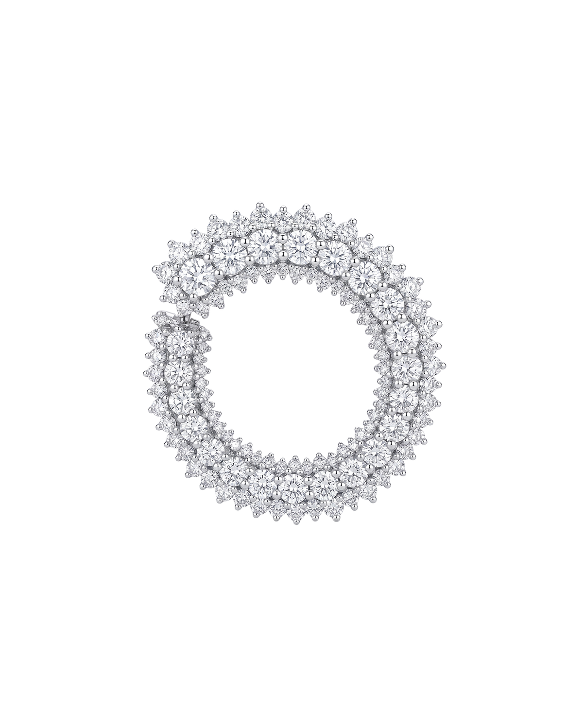 Circular silver-tone jewelry piece covered with clear stones