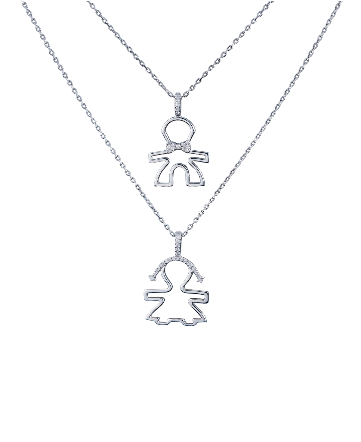 Two silver-tone figure pendant necklaces with brilliant stone accents