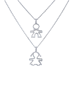 Two silver-tone figure pendant necklaces with brilliant stone accents