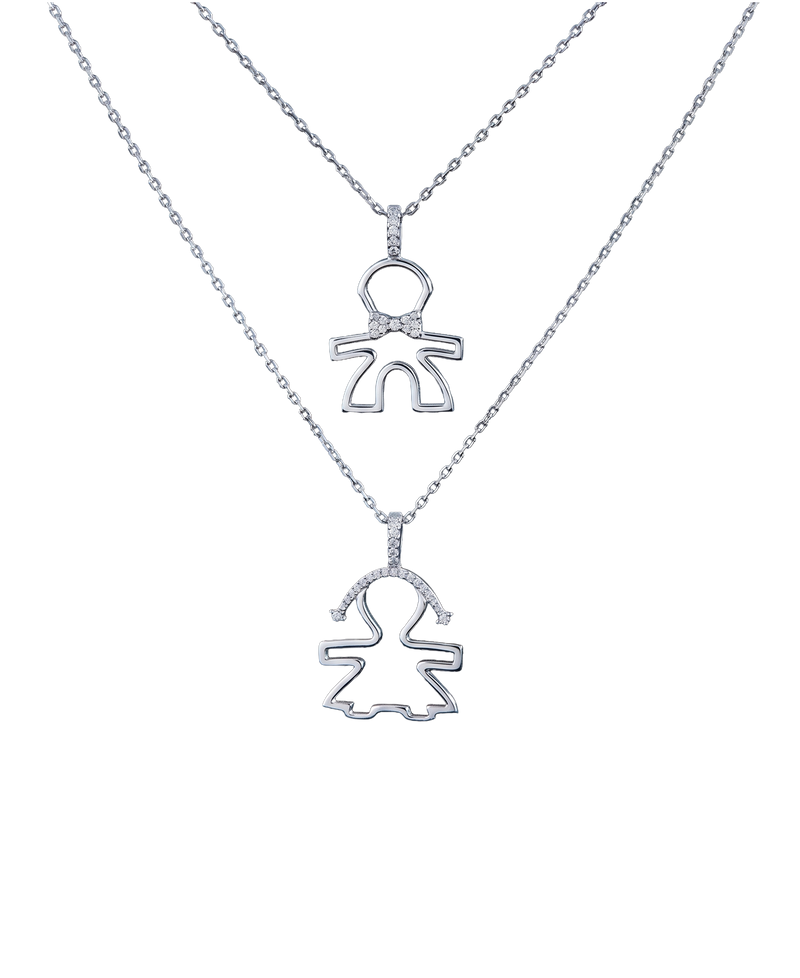 Two silver-tone figure pendant necklaces with brilliant stone accents