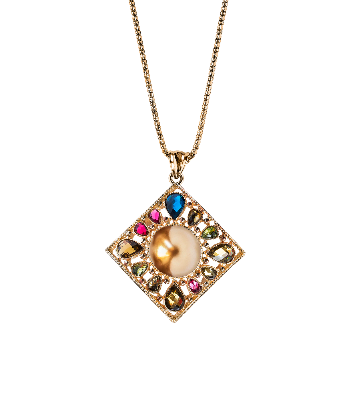 Gold-tone geometric pendant with a pearl-style center and colorful stones