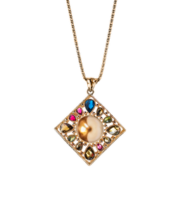 Gold-tone geometric pendant with a pearl-style center and colorful stones