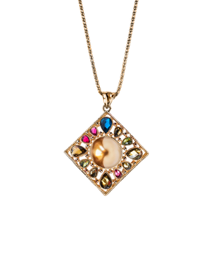 Gold-tone geometric pendant with a pearl-style center and colorful stones