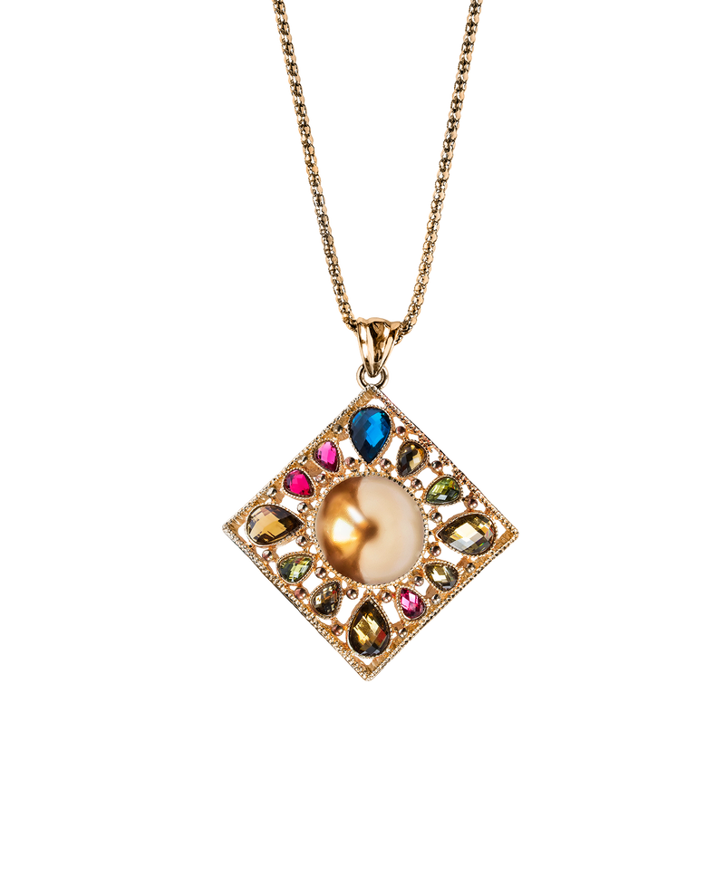 Gold-tone geometric pendant with a pearl-style center and colorful stones