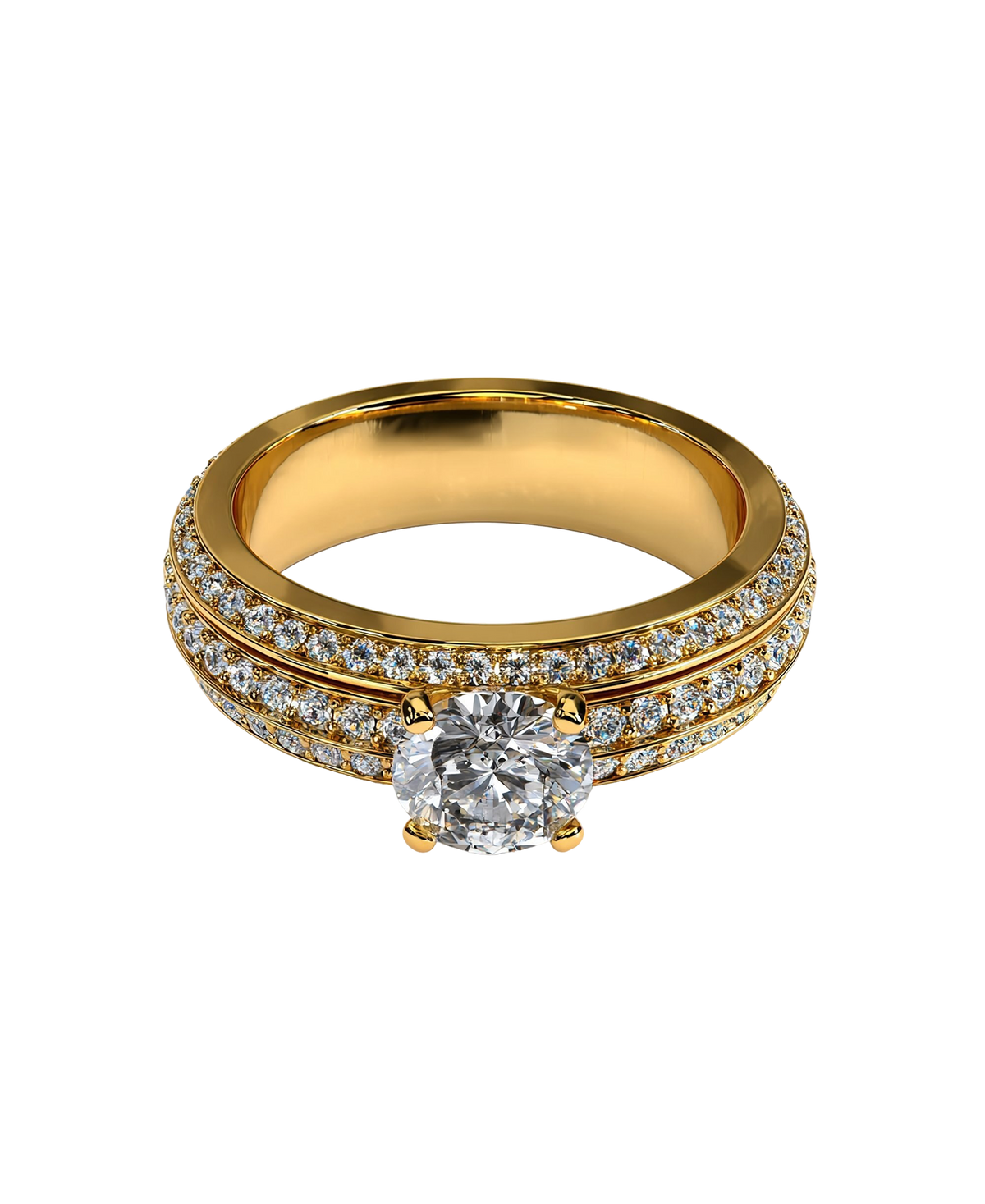 Gold-tone statement ring with a brilliant round center and sparkling stone bands