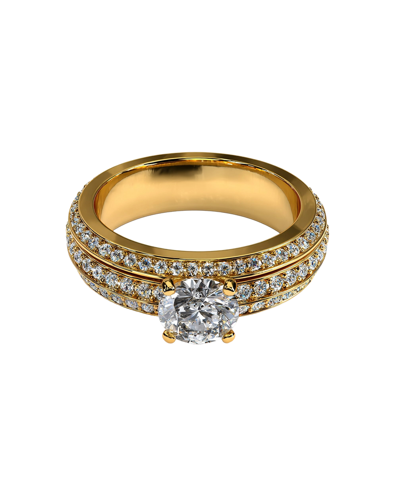 Gold-tone statement ring with a brilliant round center and sparkling stone bands