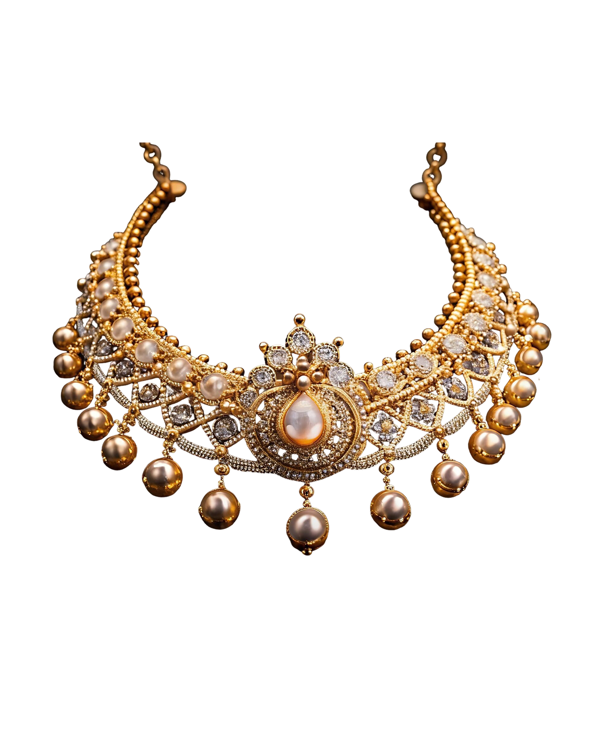 Ornate gold-tone collar necklace with pearl-style drops and sparkling stones