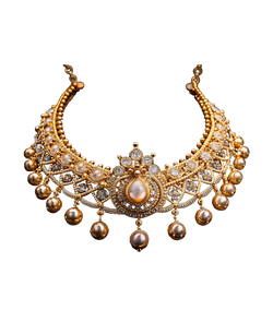 Ornate gold-tone collar necklace with pearl-style drops and sparkling stones