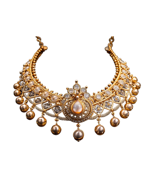 Ornate gold-tone collar necklace with pearl-style drops and sparkling stones