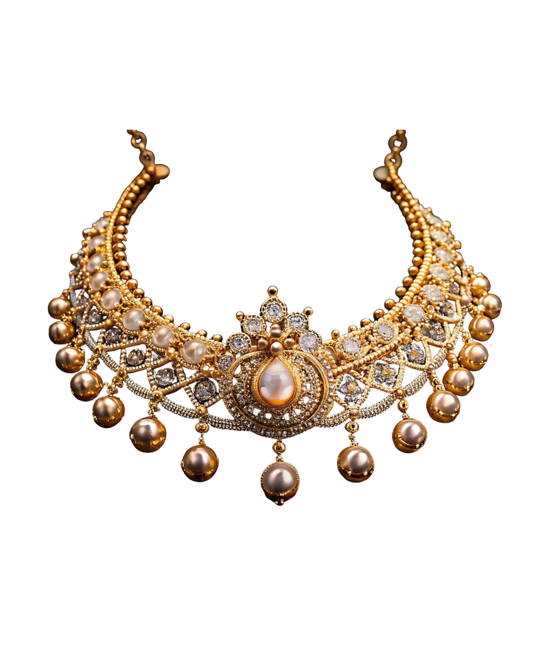 Ornate gold-tone collar necklace with pearl-style drops and sparkling stones