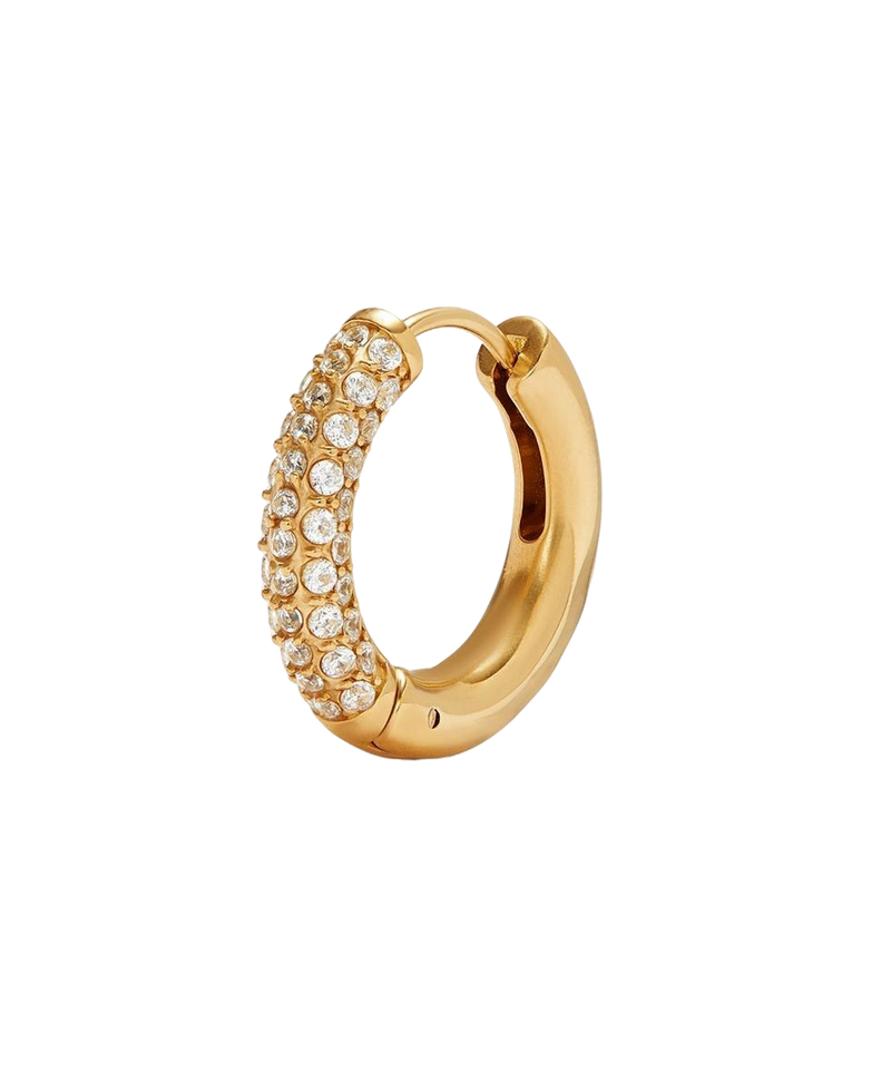 Gold-tone hoop earring with rows of clear stones