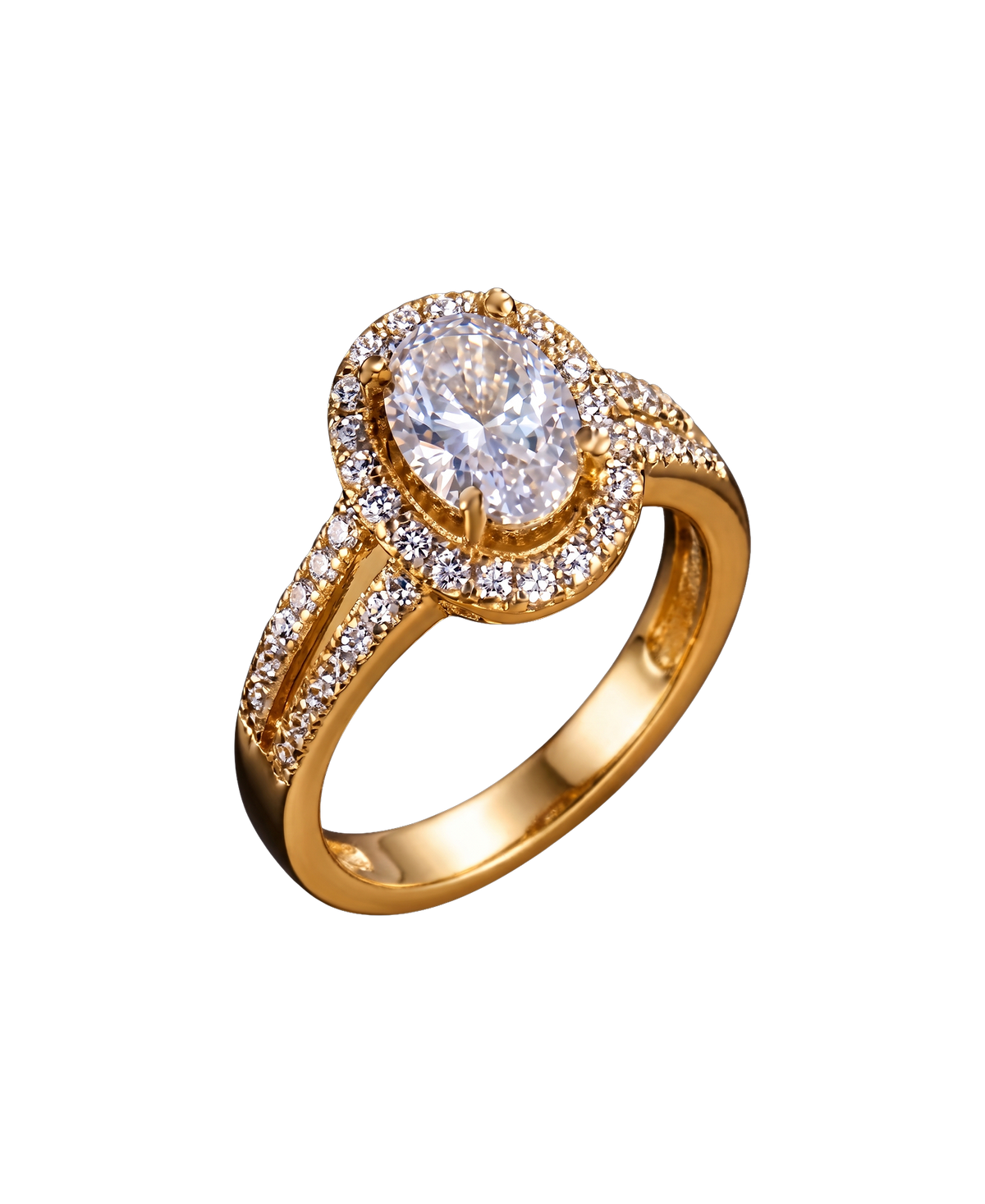 Gold-tone halo ring with a brilliant oval center and sparkling split shoulders