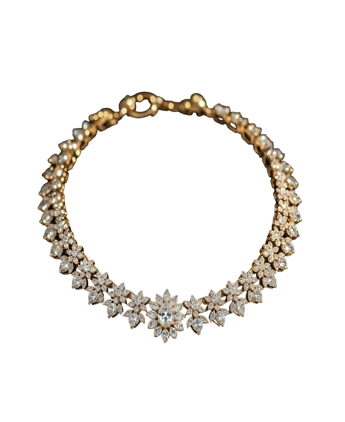 Gold-tone statement collar necklace with brilliant floral stone clusters