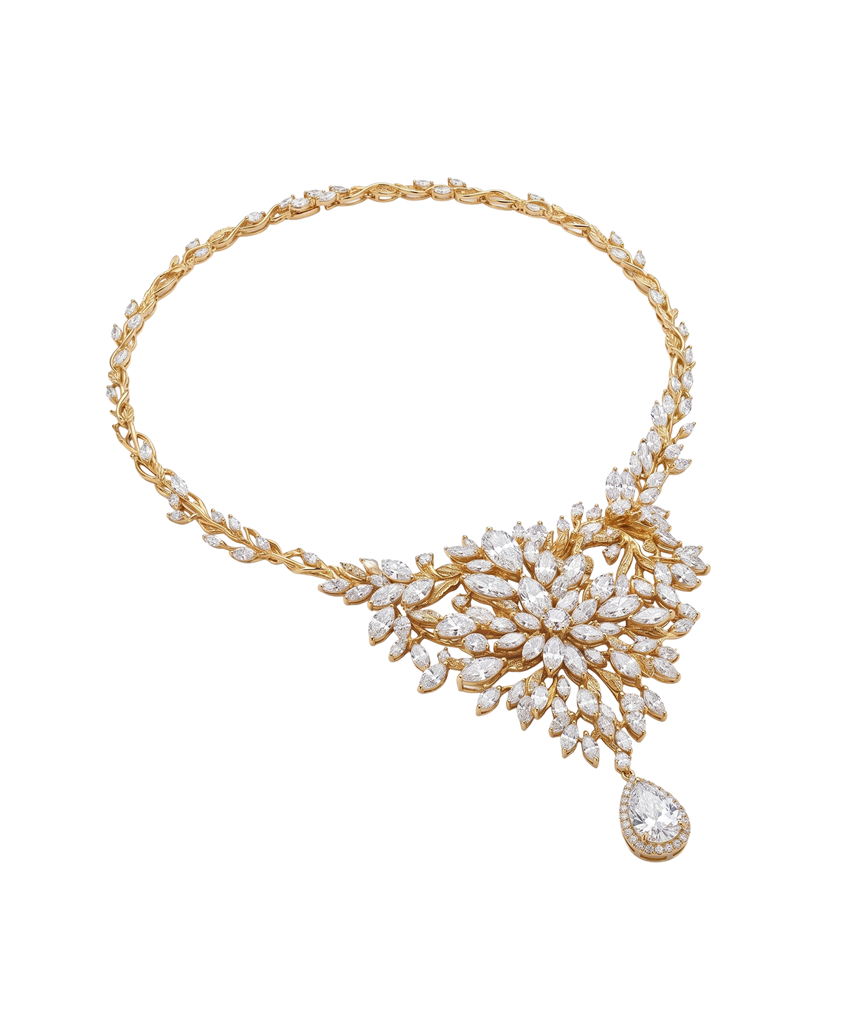 Gold-tone crystal leaf statement necklace with teardrop centerpiece