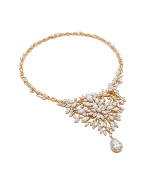 Gold-tone crystal leaf statement necklace with teardrop centerpiece