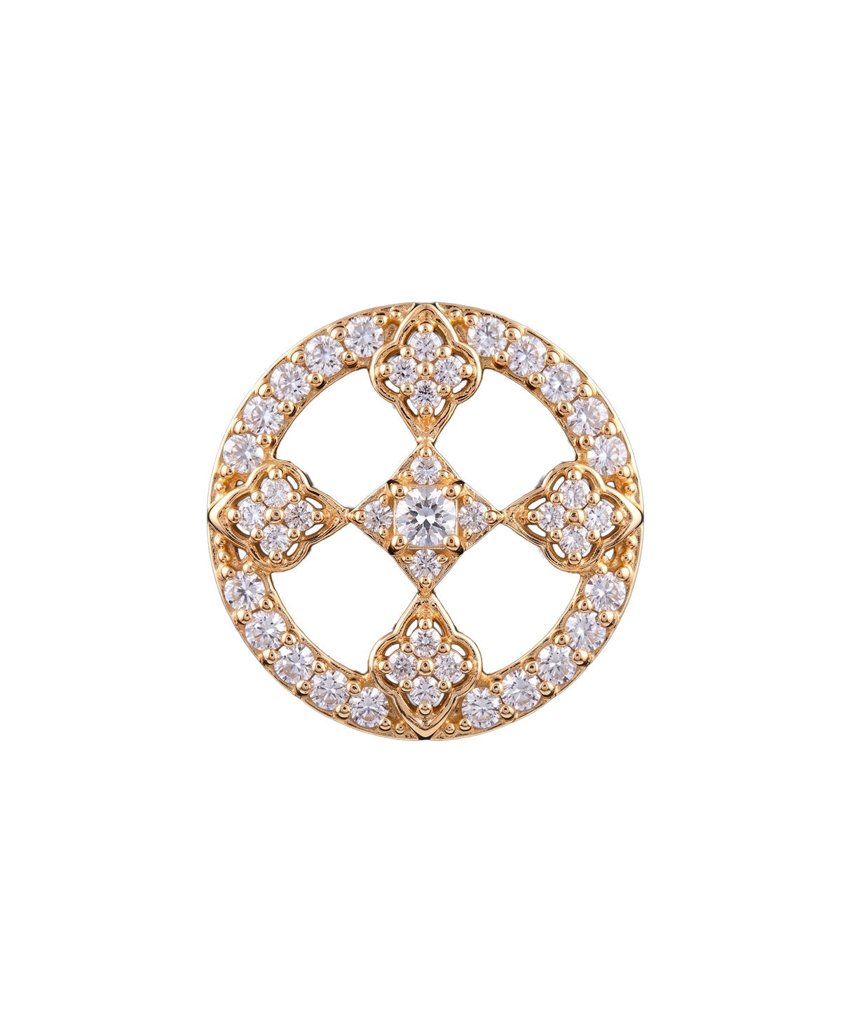 Gold-tone circular crystal pendant with clover motifs